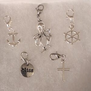 Silver Nautical & Faith Charm Set - Octopus, Anchor, Wheel, Cross, "bliss"